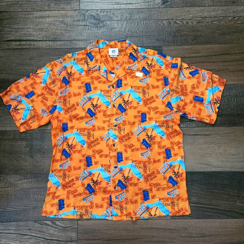 Official NFL Super Bowl XLI 2007 Miami Mens Large Orange Hawaiian Shirt Size L
